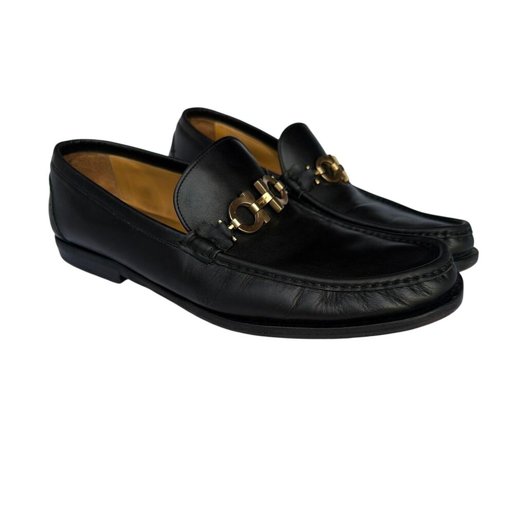 Vintage Ferragamo Mens Black Leather Gold Gancini Bit Loafers Shoes 13 EE Wide